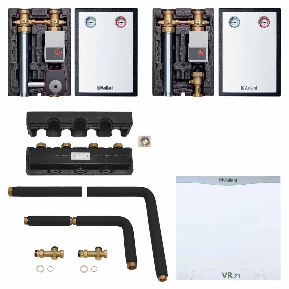 Vaillant-Komponenten für Heizsysteme, bestehend aus drei Modulen, einem Verteilersystem, Rohren und Armaturen für Misch- und unregulierter Heizkreis.